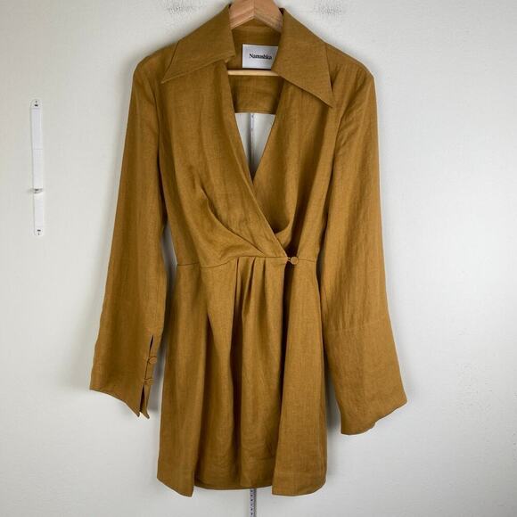 Nanushka Esma Linen Mini Dress Size XS Camel Long Sleeve Quiet Luxury Neutral - Picture 8 of 13